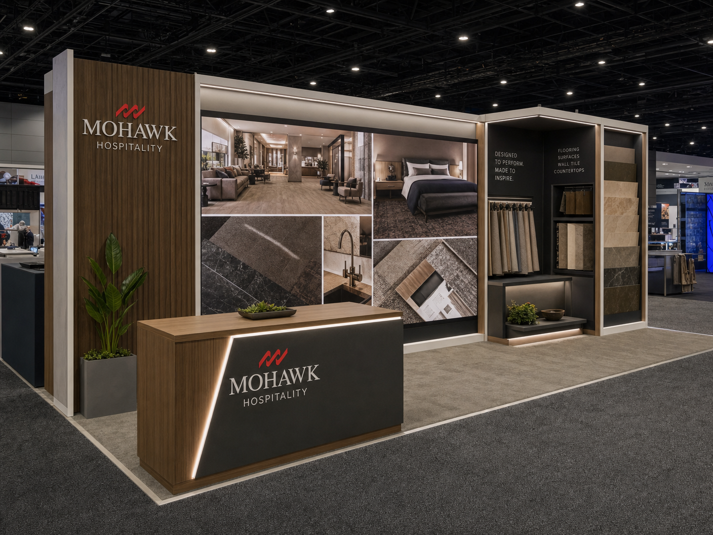 10' x 20' HD Expo inline LED exhibit for a hospitality-surfaces exhibitor with a rectangular footprint, broad LED wall, and illuminated counter faces