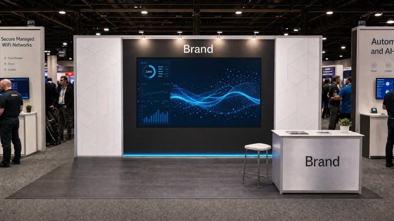 10' x 20' inline LED exhibit with a dark center media bay, white side blades, blue-wave screen content, and a right-front brand counter