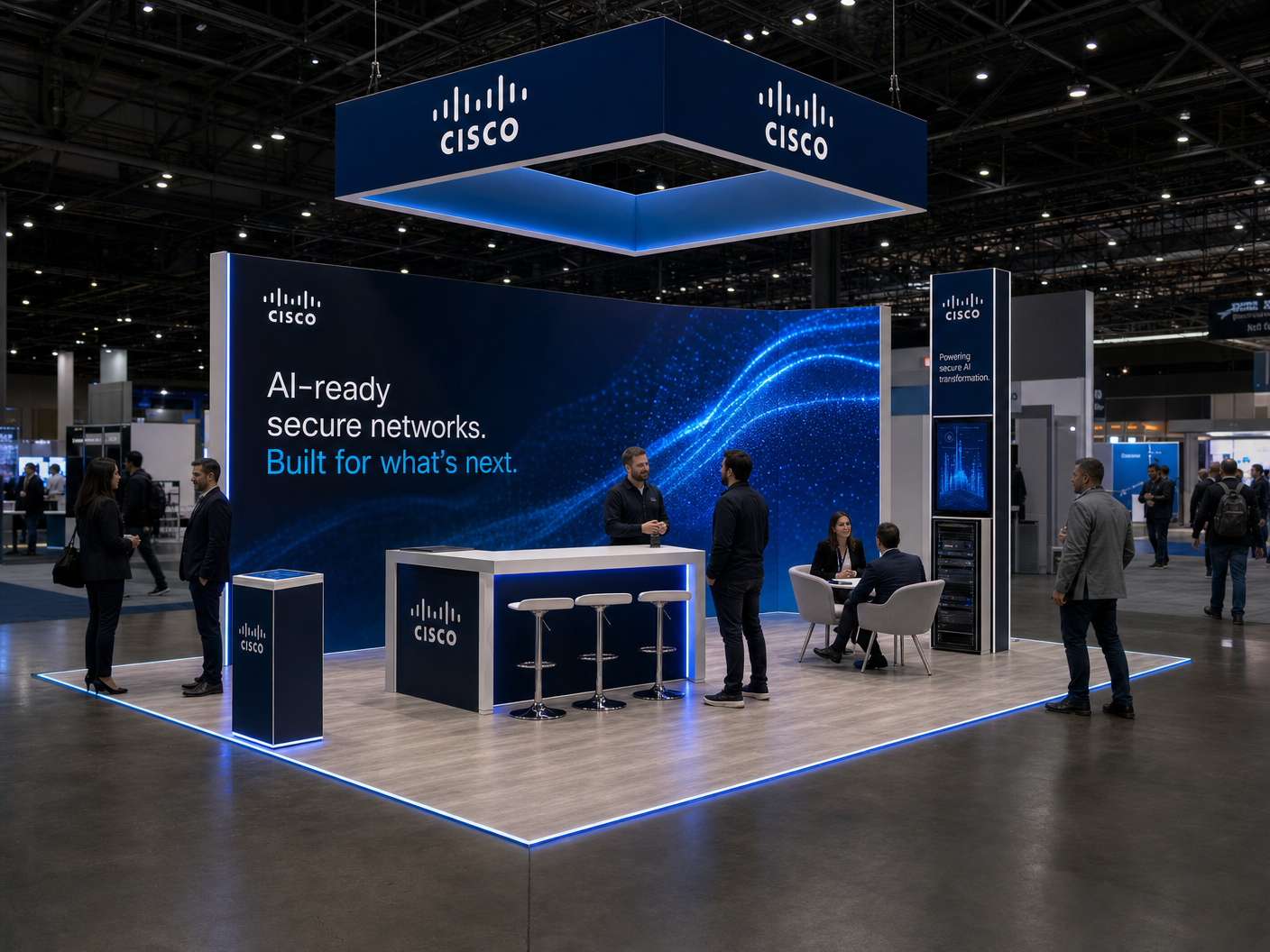 20' x 20' premium LED island concept for a networking-technology exhibitor with open cloud portal, one compact rack display and a network demo bar, inside a true square 20' x 20' four-side-open footprint and still-image-only poster routing