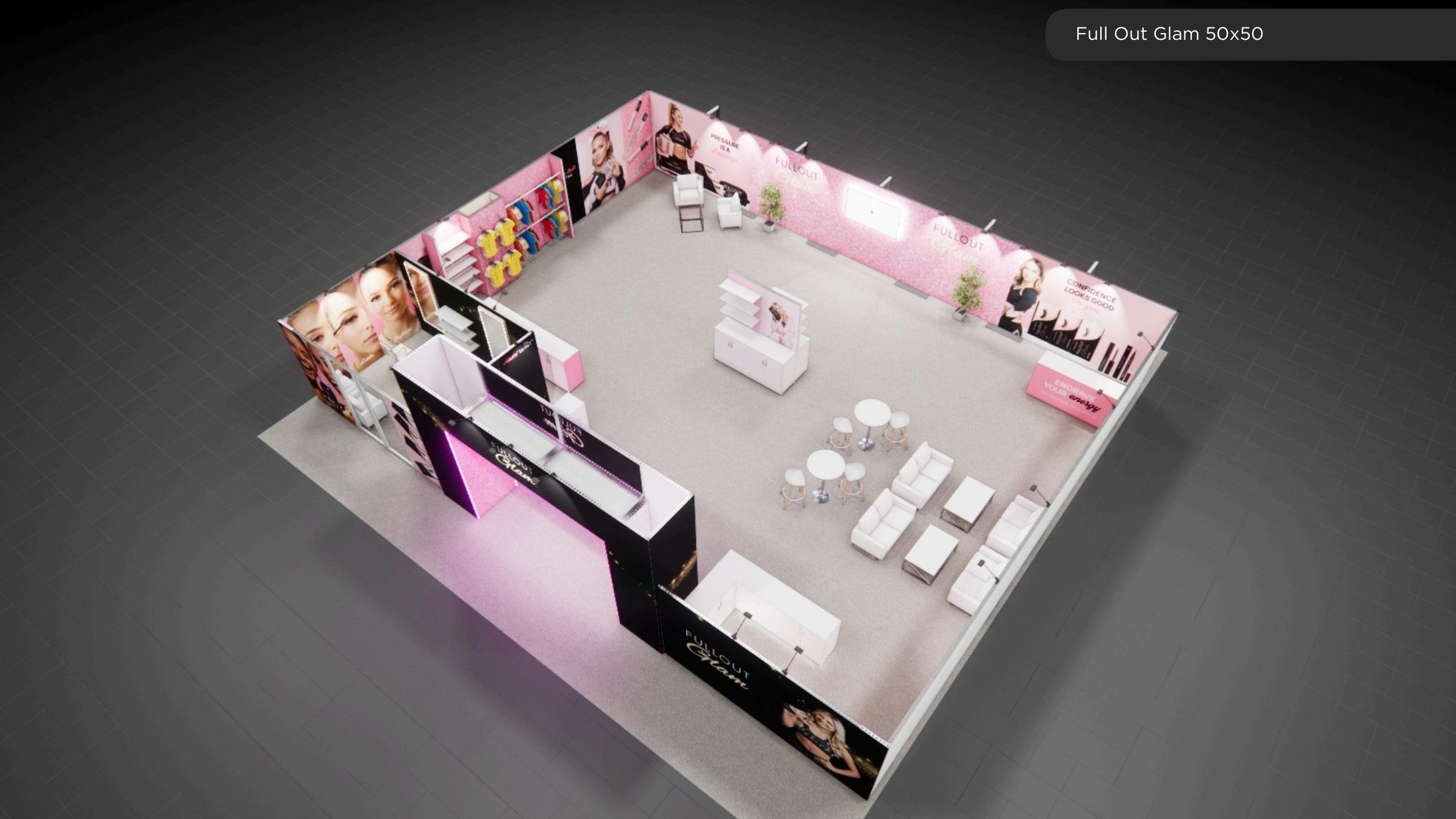50x50 trade show exhibit rental — perimeter-runway island design