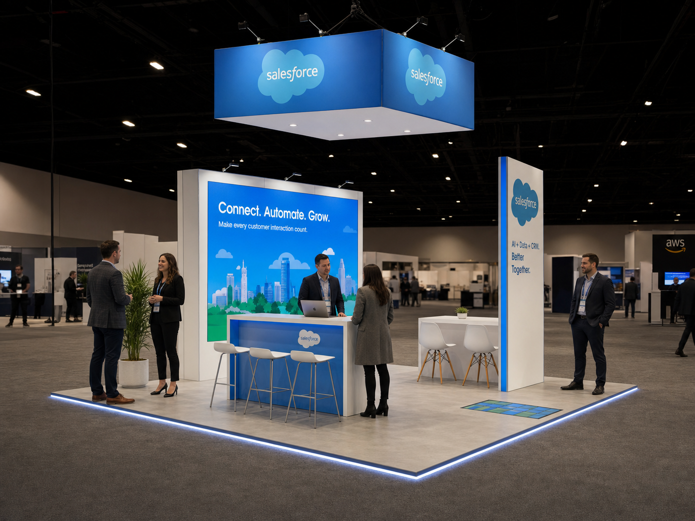 20' x 20' premium LED island concept for an enterprise-software exhibitor with open cloud portal, a CRM demo pedestal and a compact consult edge, inside a true square 20' x 20' four-side-open footprint and still-image-only poster routing