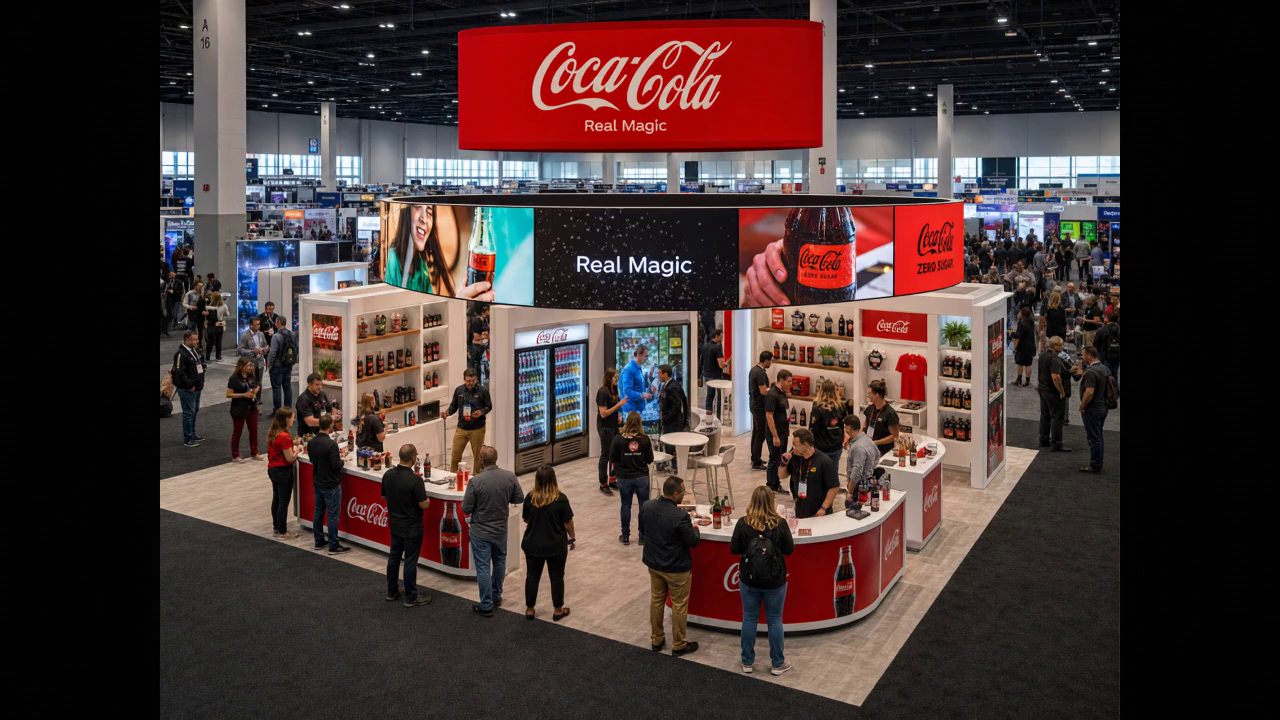 30' x 30' premium LED island concept for a beverage brand with a social beverage forum, refrigerated product wall, tasting bar, lounge stools, merch shelves, and an inner media ring