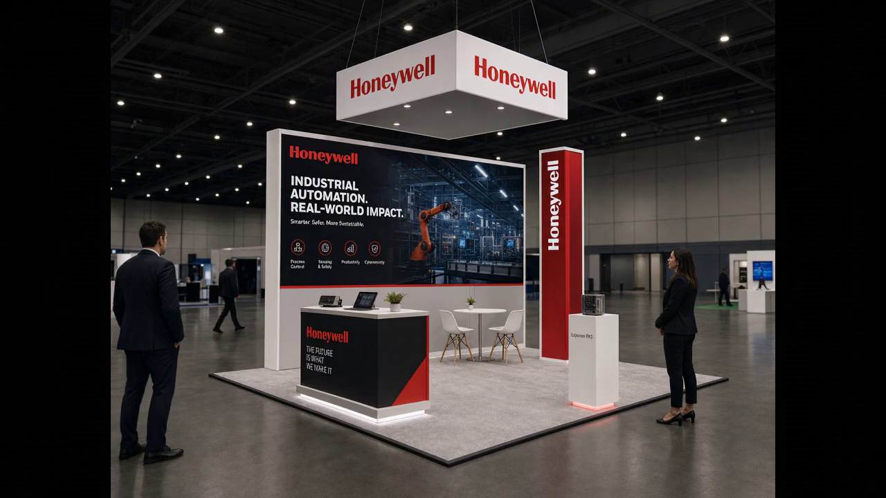 20' x 20' premium LED island concept for an industrial-technology exhibitor with smart-building operations island, a sensor-demo pedestal, and an operations counter, using a first-frame poster and contained hover video inside a true square 20' x 20' four-side-open footprint