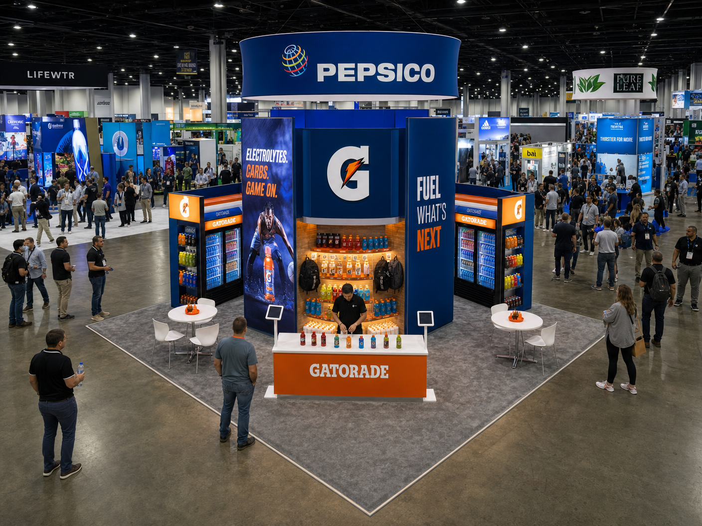 30' x 30' premium LED island concept for a beverage exhibitor with a beverage activation hub, back-to-back media pylons, cooler banks, product shelving, and a tasting counter