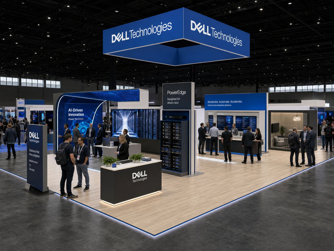 30' x 30' premium LED island concept for Enterprise IT Companies with an enterprise solutions island, server showcase, solution kiosk bars, and a meeting nook