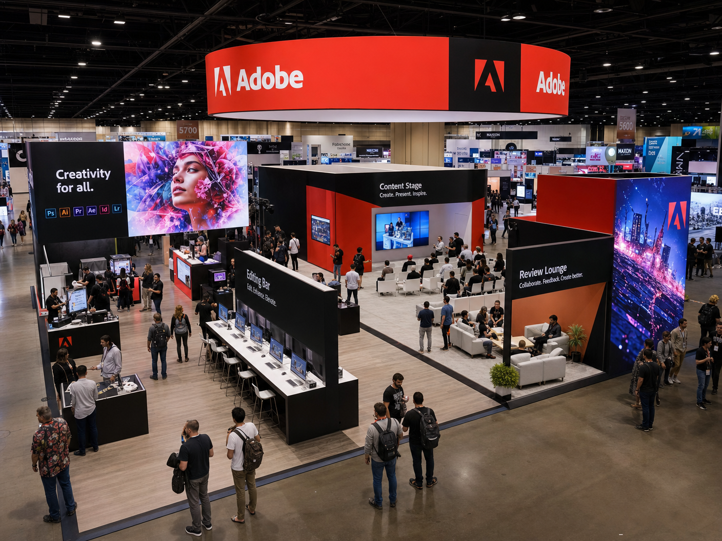 30' x 30' premium LED island concept for a software exhibitor with a creator experience campus, editing bar, content stage, and review lounge