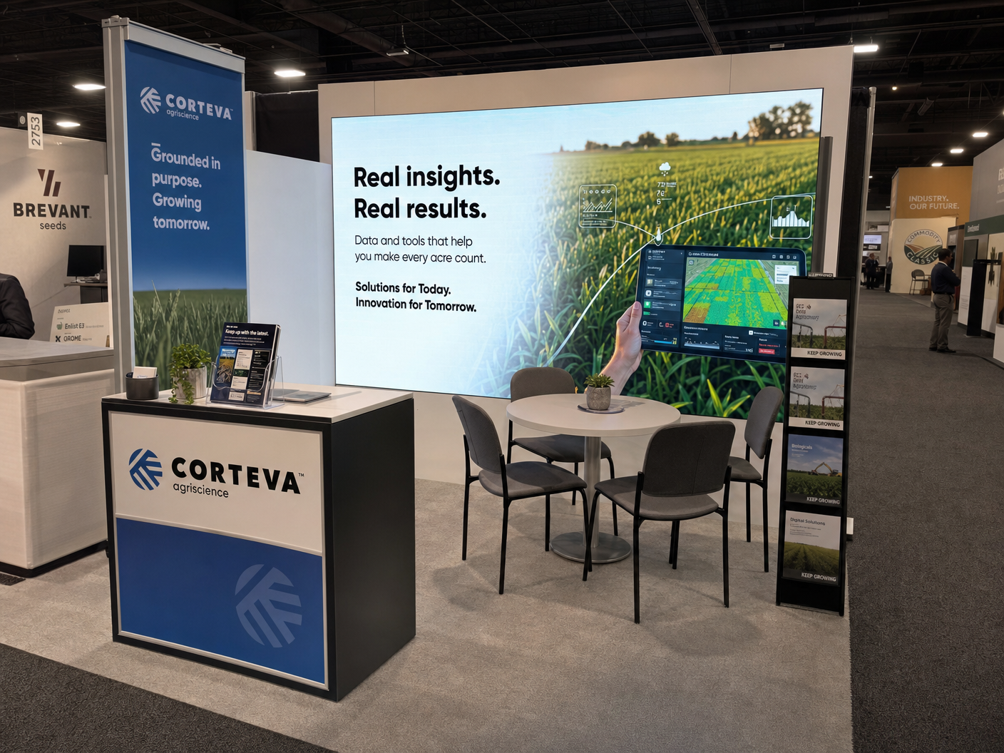 10' x 10' World Ag Expo inline LED exhibit for an agriculture exhibitor with a square footprint, large LED wall, and illuminated counter face