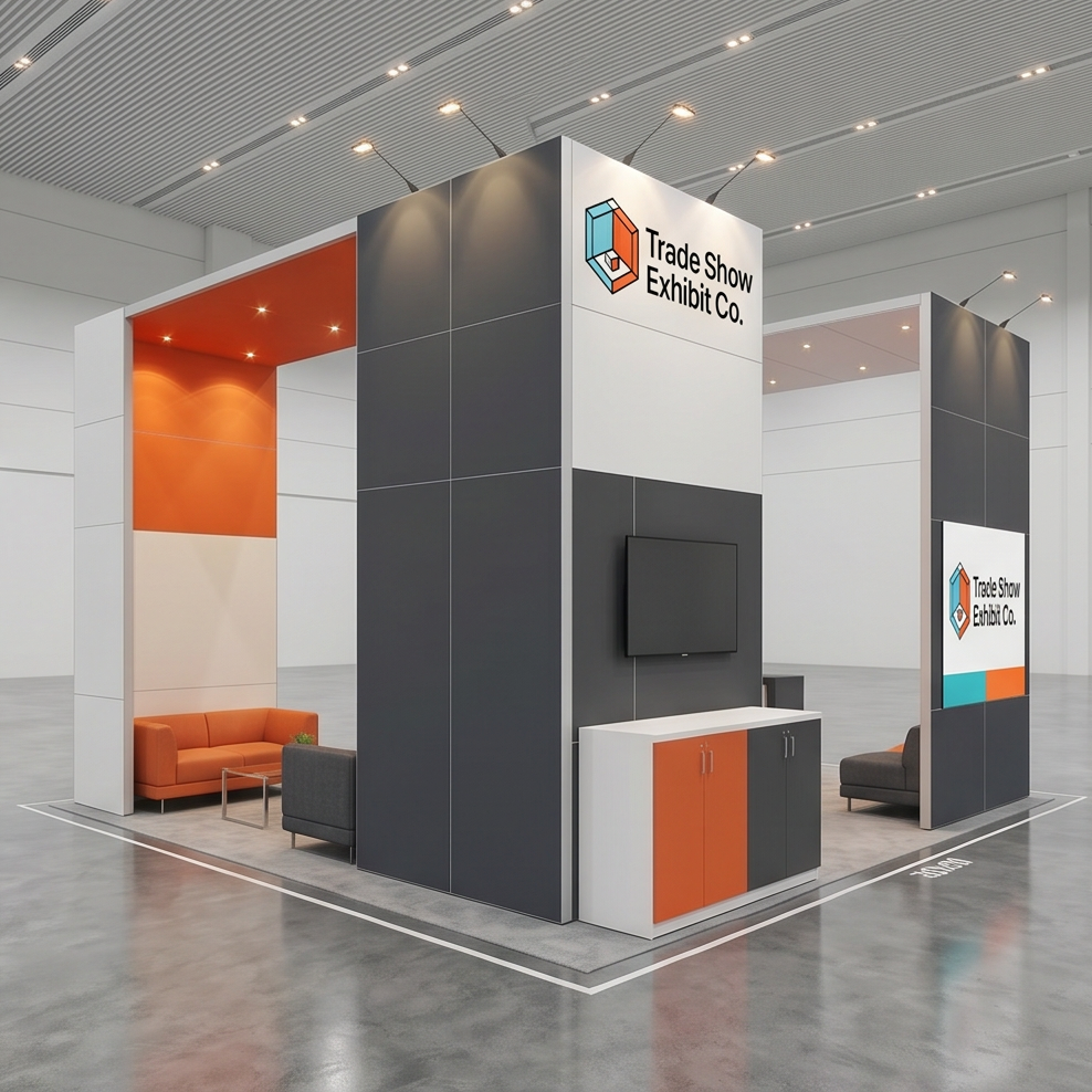 30x30 trade show exhibit rental — reception-and-demo island design