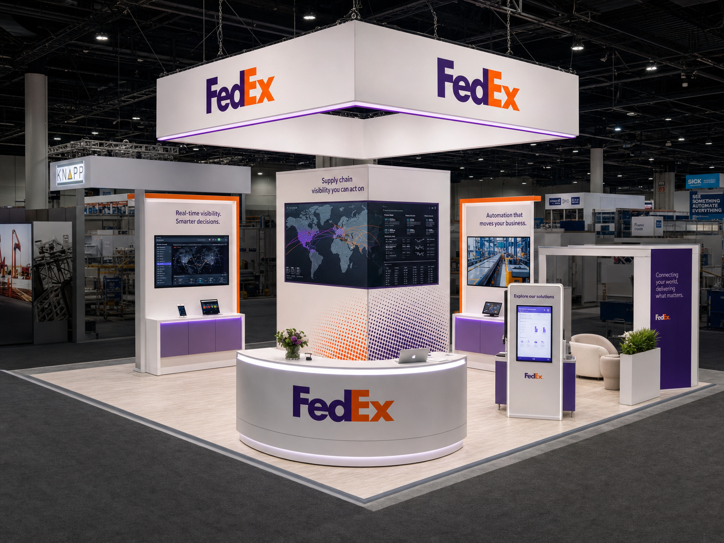 20' x 20' MODEX island LED exhibit with a central supply-chain tower, side logistics stations, and square hanging sign