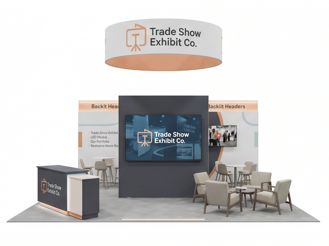 50x50 trade show exhibit rental — architectural media island design