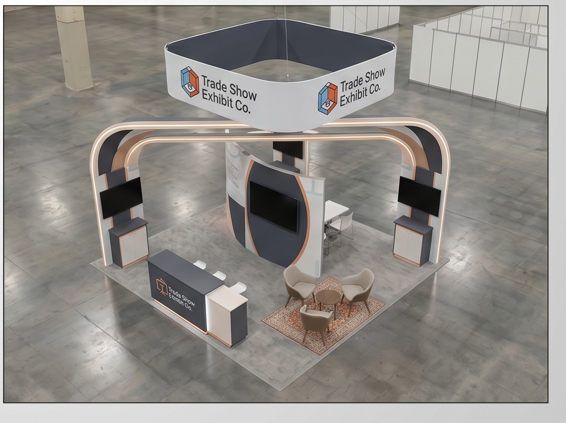 20x20 trade show exhibit rental — hospitality-forward island design