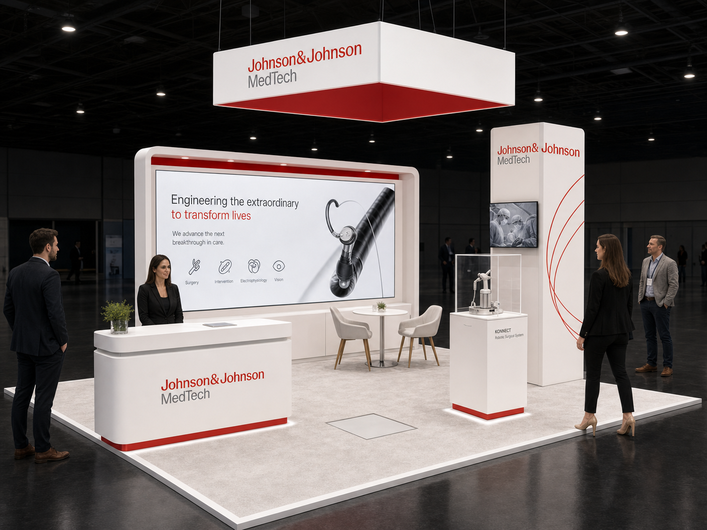20' x 20' premium LED island concept for a healthcare exhibitor with medical innovation court, a device pedestal and a consult bench, inside a true square 20' x 20' four-side-open footprint and still-image-only poster routing