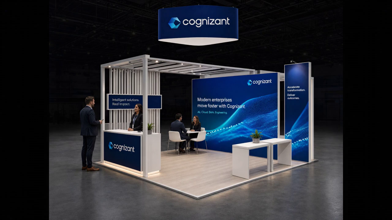 30' x 30' premium LED island concept for an IT-services exhibitor with a digital transformation lane, a screen kiosk, and a two-stool consult edge