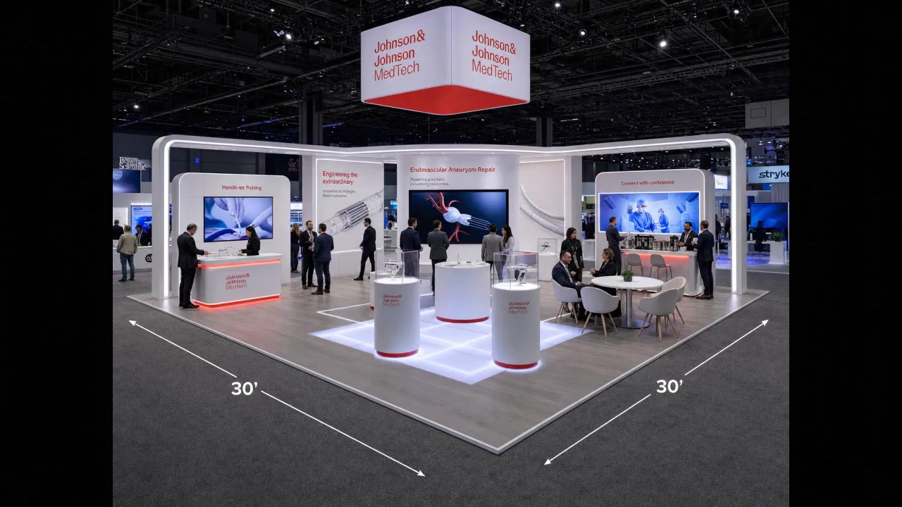 30' x 30' premium LED island concept for a social-platform brand with an immersive creator campus, AR/VR kiosks, creator lounge, and demo theater