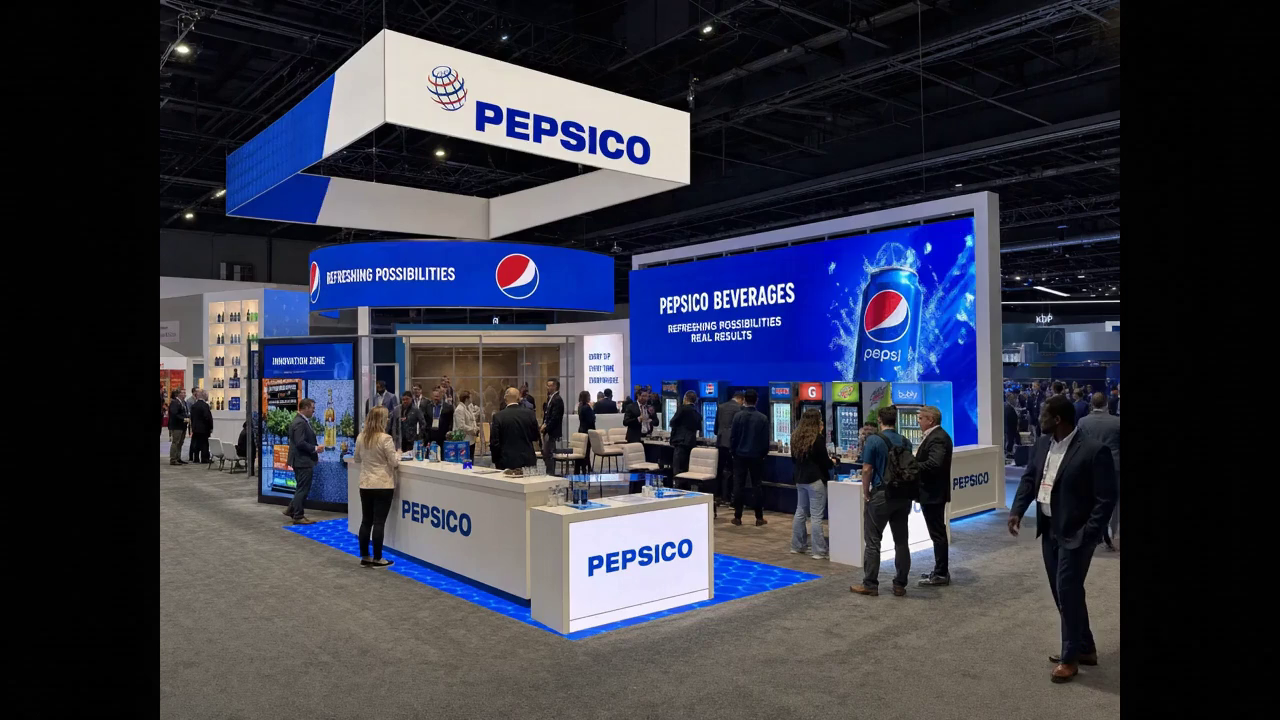 30' x 40' LED island concept with premium brand styling, modular LED architecture, and open circulation