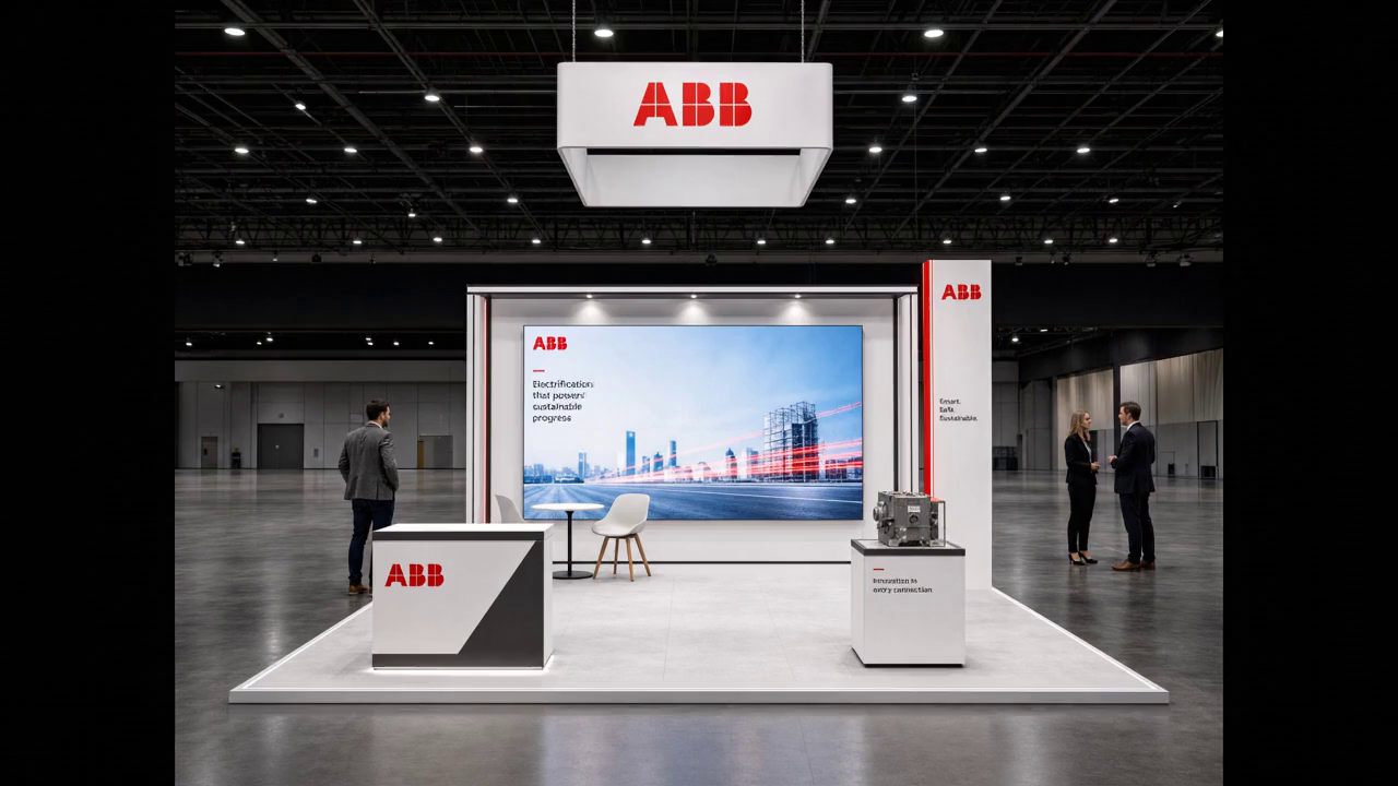 20' x 20' premium LED island concept for an industrial-automation exhibitor with automation court, a robot-arm demo plinth, a control counter, and a contained hover preview inside a true square 20' x 20' four-side-open footprint