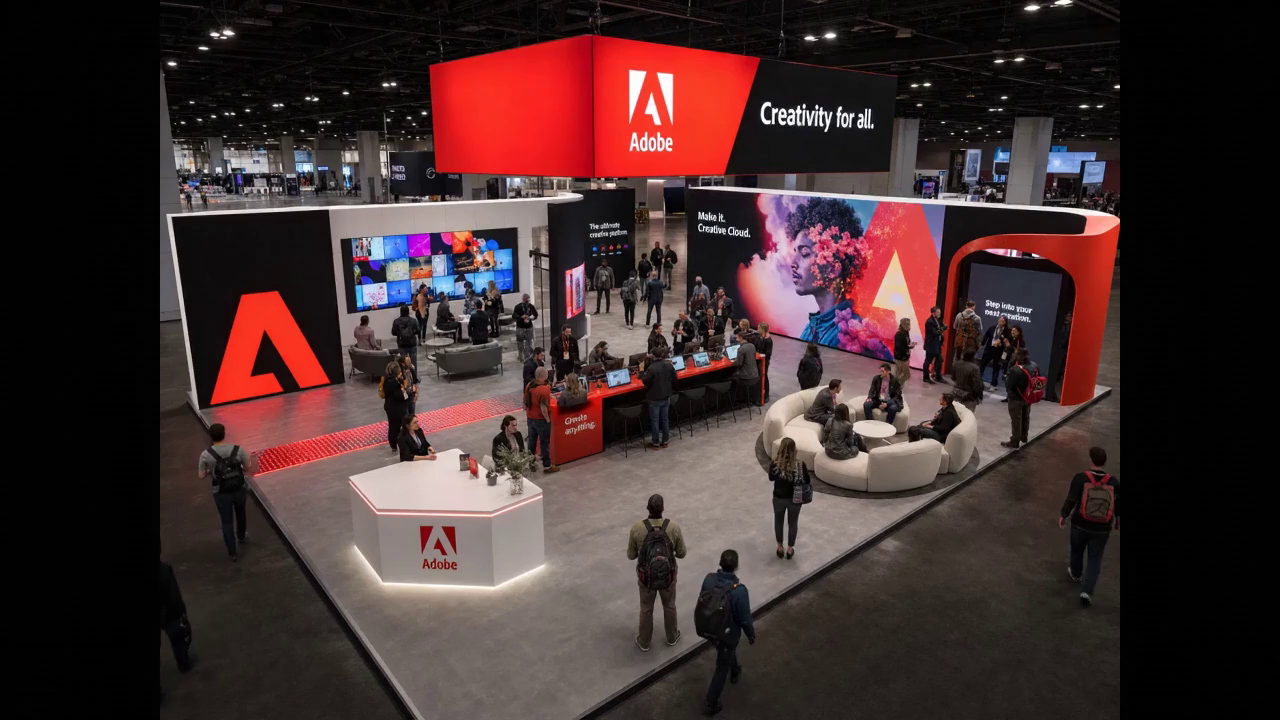 30' x 40' LED island concept with premium brand styling, modular LED architecture, and open circulation