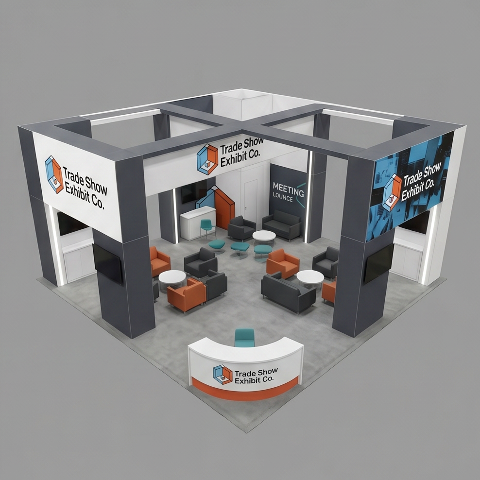 40x40 trade show exhibit rental — reception-and-demo island design