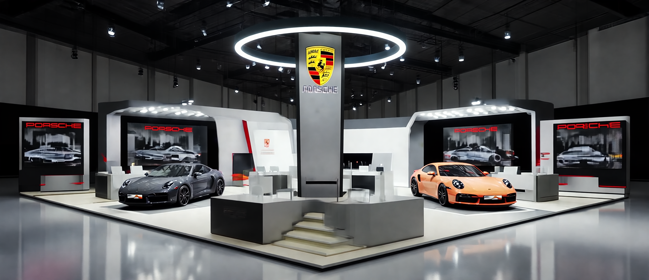 50' x 50' island LED trade show exhibit concept shown in a full-exhibit frame with contained center-tower and side-wall hover animation