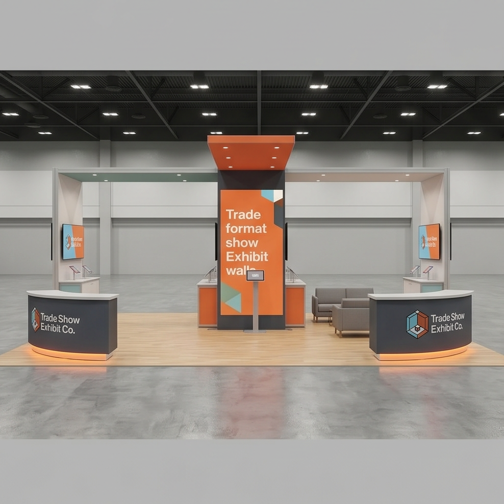 20x40 trade show exhibit rental — reception-and-demo island design