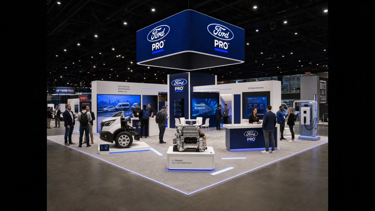 30' x 30' premium LED island concept for Home Improvement Retailers with a workshop demo layout, power-tool display wall, materials library, live demo bench, and contractor consult tables