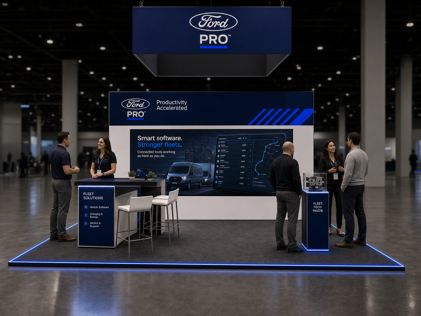 20' x 20' premium LED island concept for an automotive exhibitor with diagonal demo axis, a battery cutaway plinth, charging pedestal, and consult bar, inside a true square 20' x 20' four-side-open footprint and still-image-only poster routing
