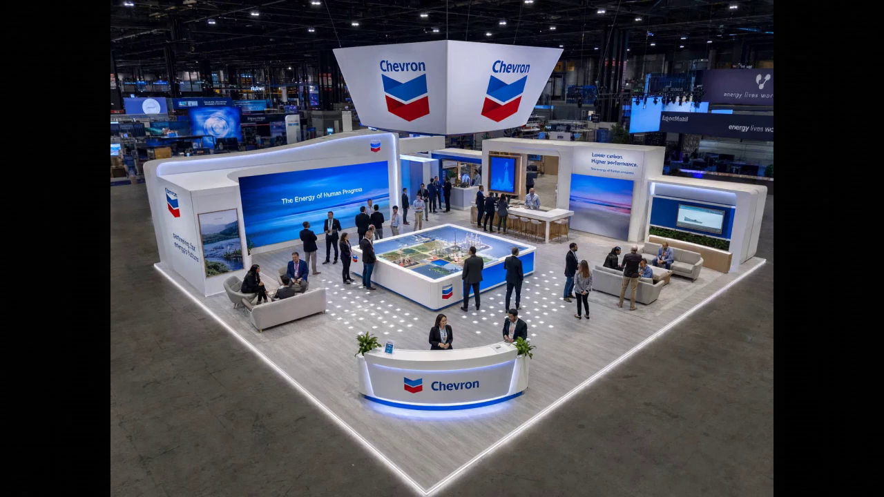 30' x 40' LED island concept with premium brand styling, modular LED architecture, and open circulation