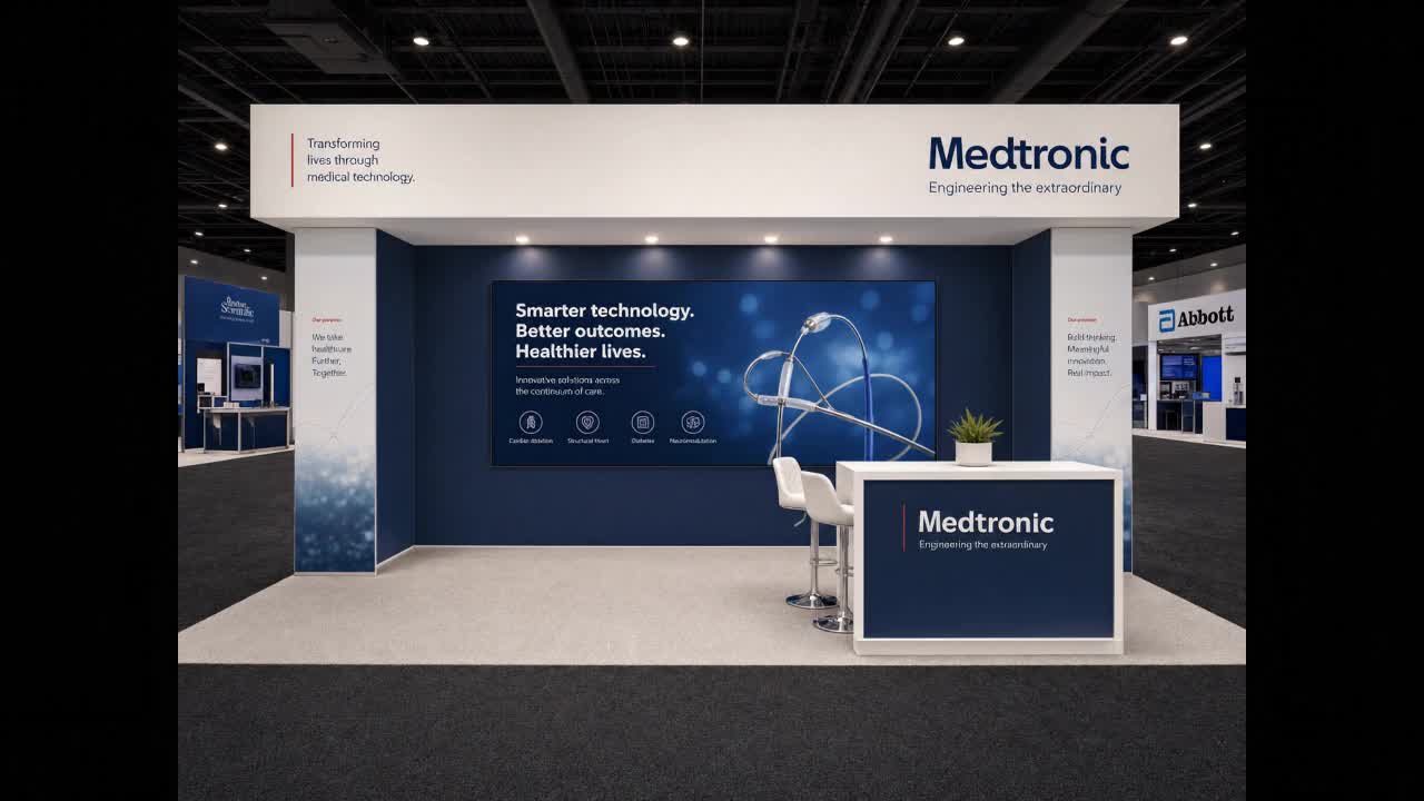 10' x 20' inline LED exhibit with a medical-device exhibitor clinical backwall, full-width header, and right-front reception counter
