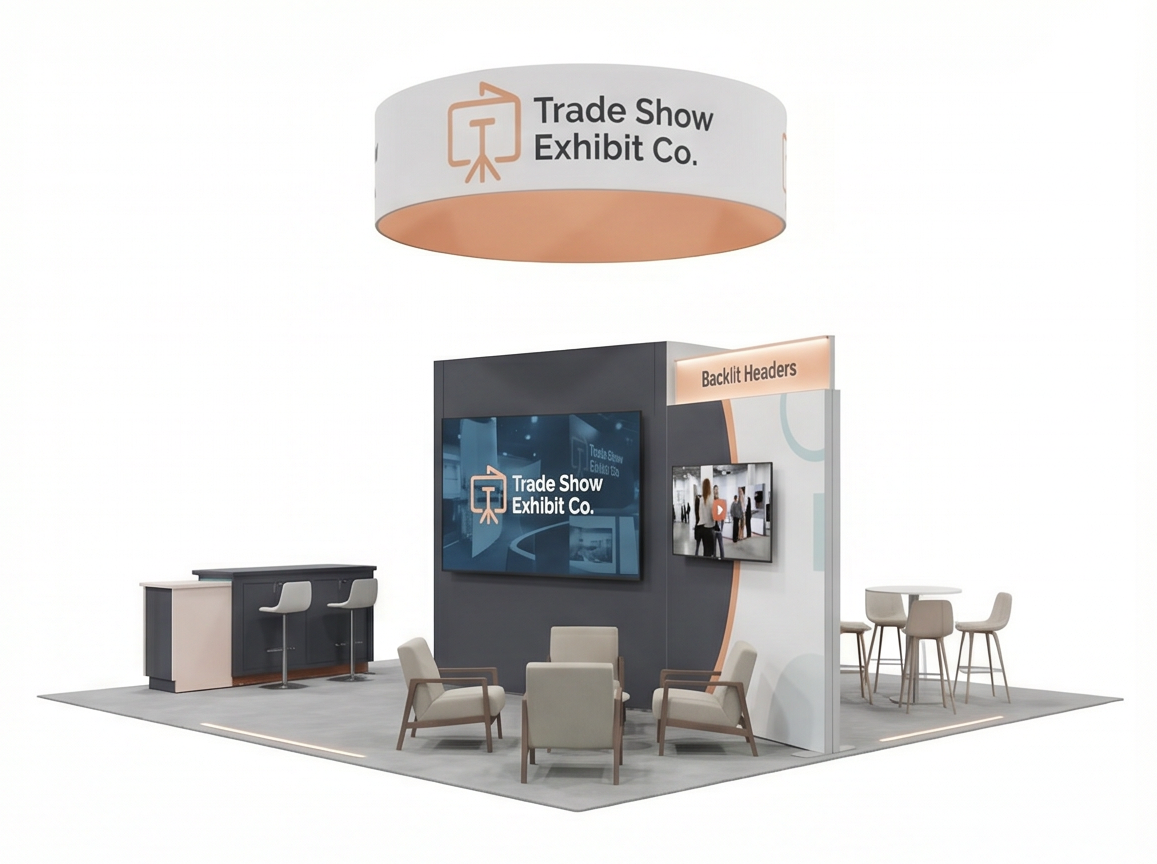 50x50 trade show exhibit rental — architectural media island design