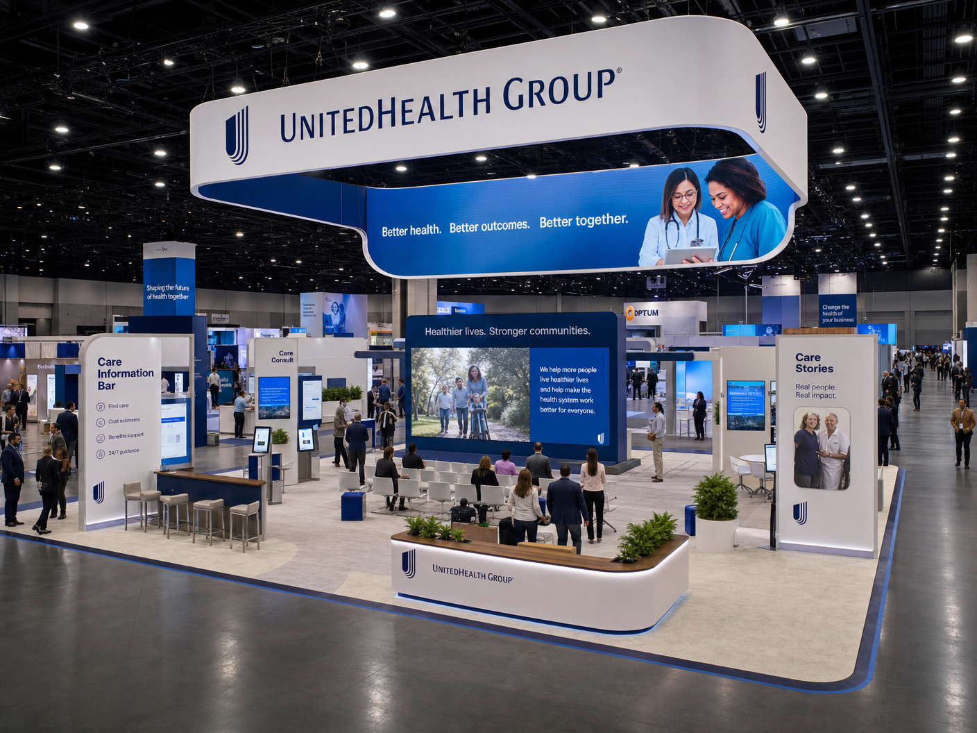 30' x 30' premium LED island concept for a healthcare exhibitor with a health-platform campus, care information bars, consult lanes, semi-private care areas, and a central theater