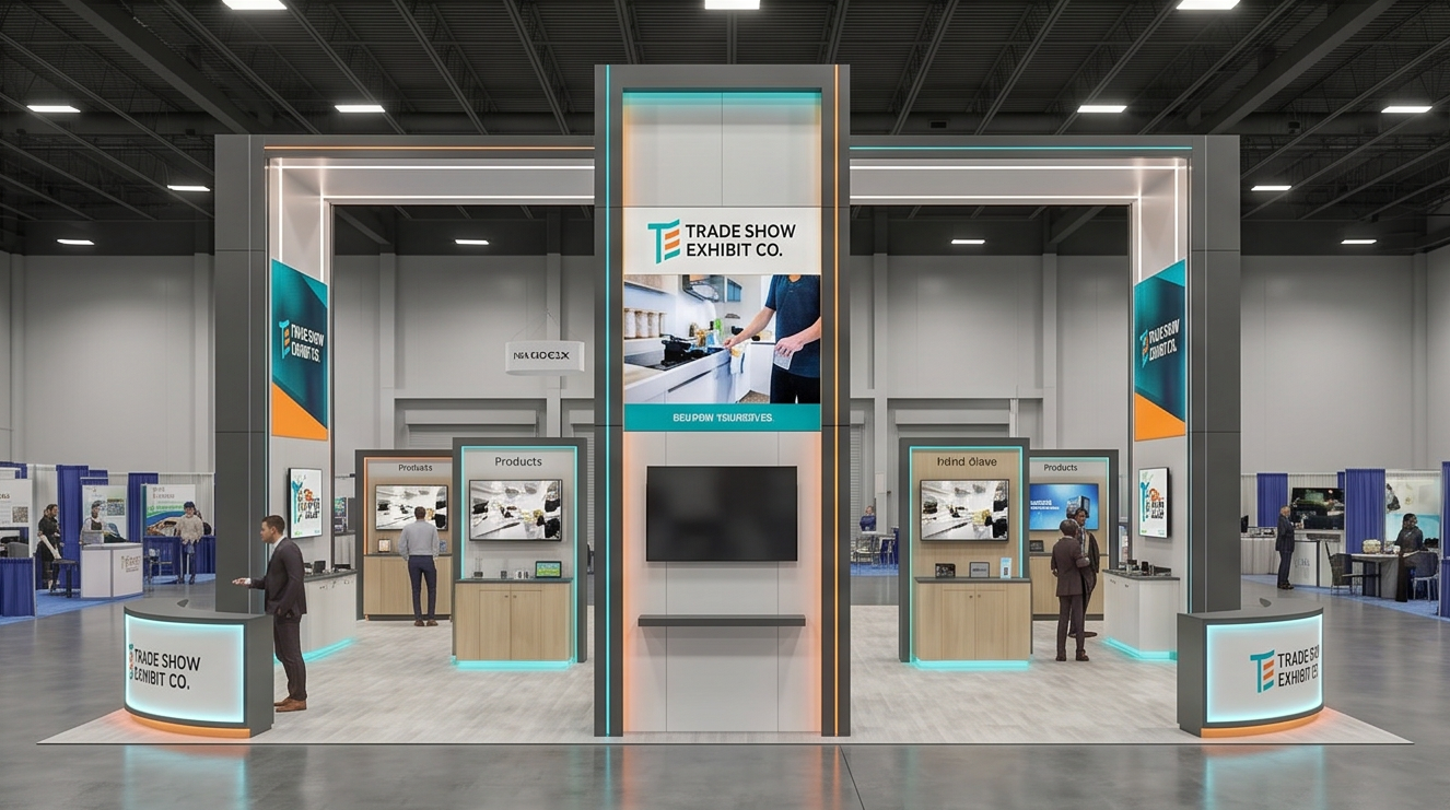 40x40 trade show exhibit rental — hospitality-forward island design
