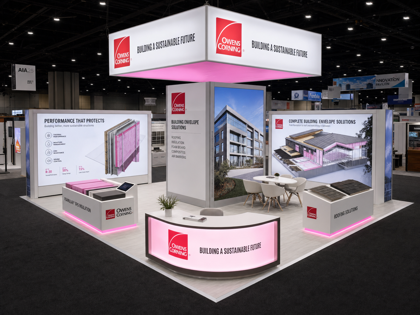20' x 20' AIA Conference island LED exhibit with a central materials tower, side envelope walls, and square hanging sign