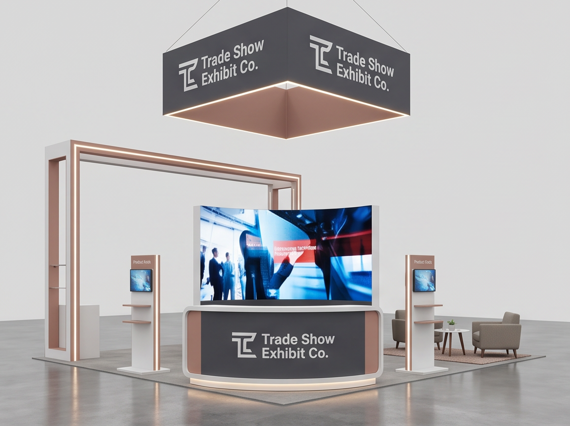 20x20 island exhibit architectural media island design trade show exhibit image 20x20 trade show exhibit rental — architectural media island design