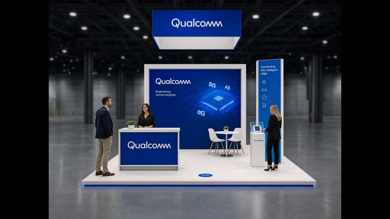20' x 20' premium LED island concept for a semiconductor exhibitor with mobile compute spine, a chipset plinth, and a device demo rail, using a first-frame poster and contained hover video inside a true square 20' x 20' four-side-open footprint