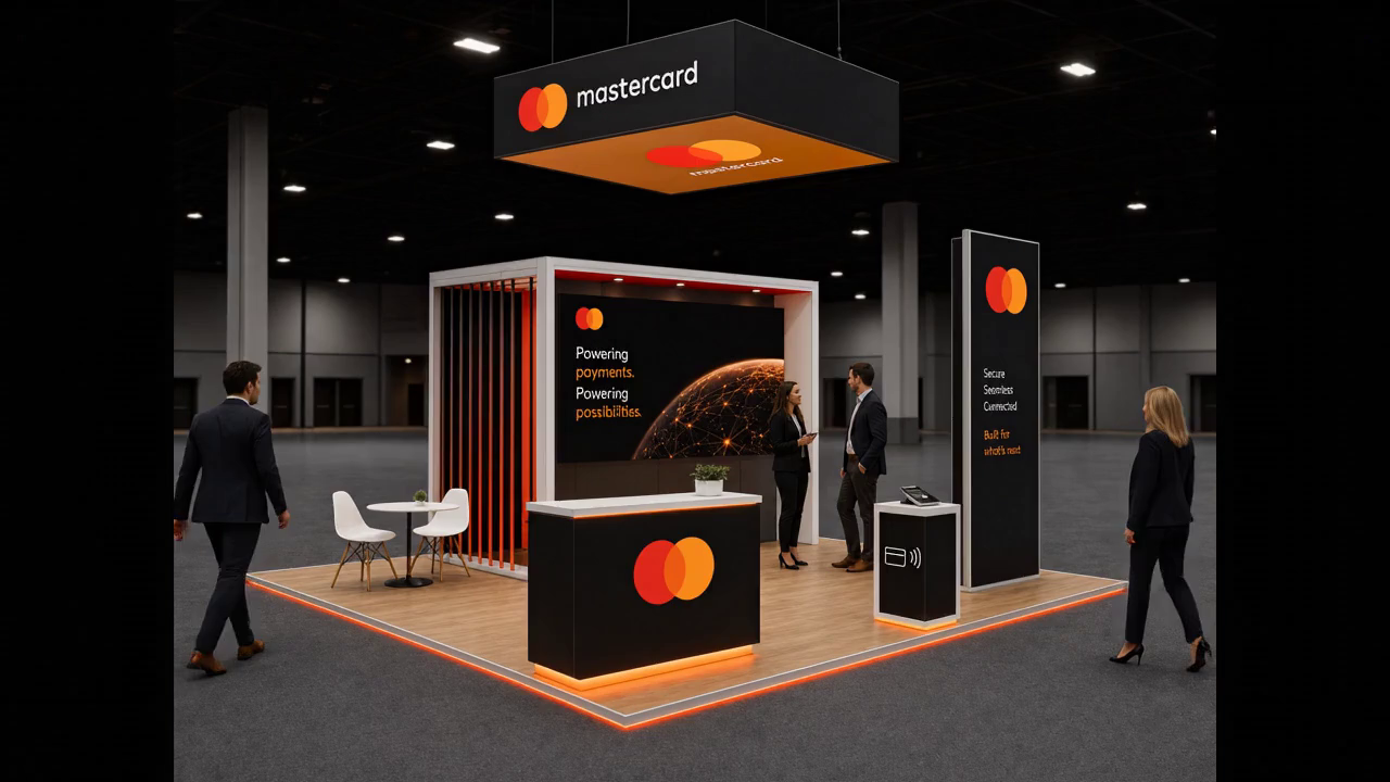 20' x 20' premium LED island concept for a payments exhibitor with premium fintech welcome court, a payment terminal pedestal, and a small hospitality bar, using a first-frame poster and contained hover video inside a true square 20' x 20' four-side-open footprint