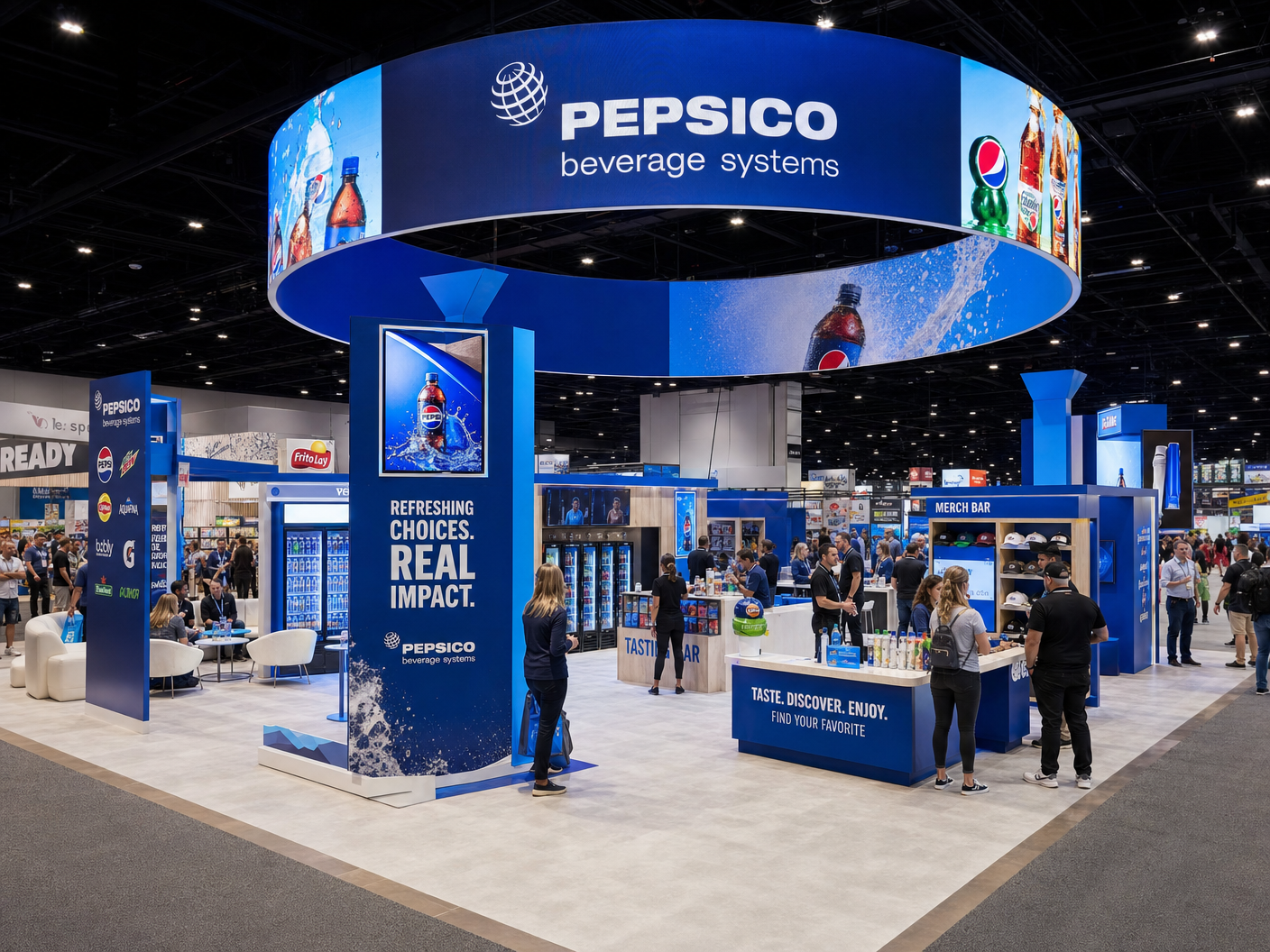 30' x 30' premium LED island concept for a beverage exhibitor with a beverage activation plaza, tasting spine, cooler banks, and merch bar