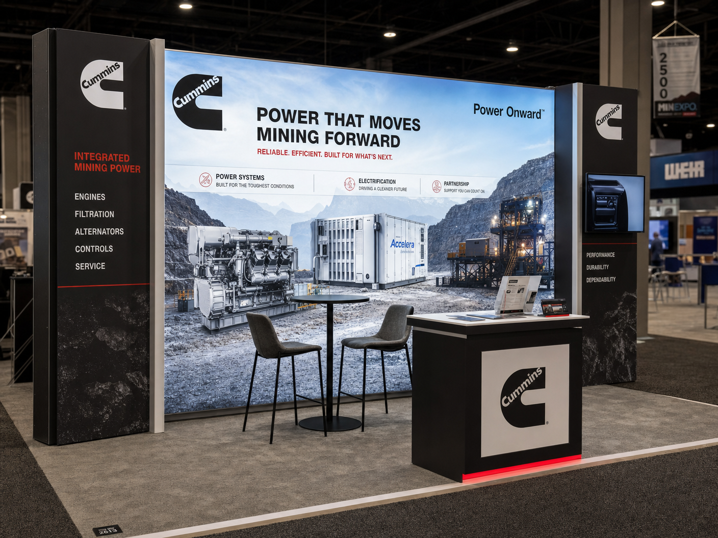 10' x 20' inline LED trade show exhibit category hero with contained backwall and counter hover animation