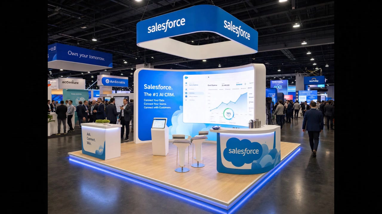 30' x 30' premium LED island concept for Cloud Services Companies with a dual-forum cloud campus, cloud demo stage, partner lounge, and solution pods