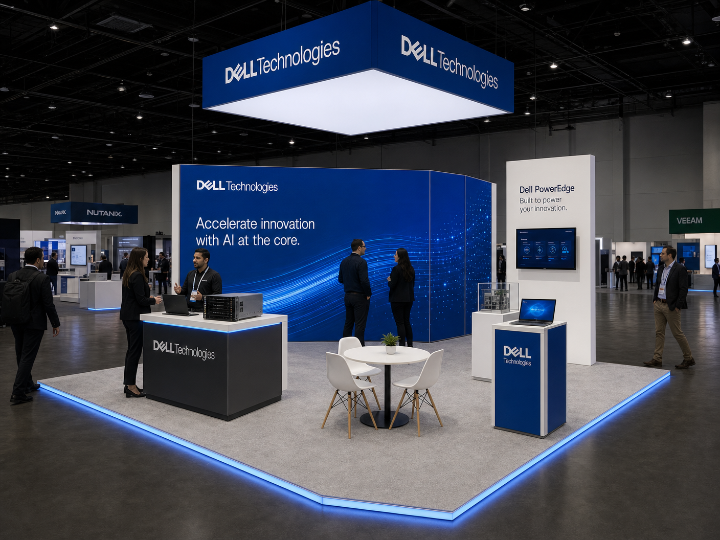 20' x 20' premium LED island concept for Enterprise IT Companies with twin angled media fins, an AI workstation island and two product plinths, inside a true square 20' x 20' four-side-open footprint and still-image-only poster routing