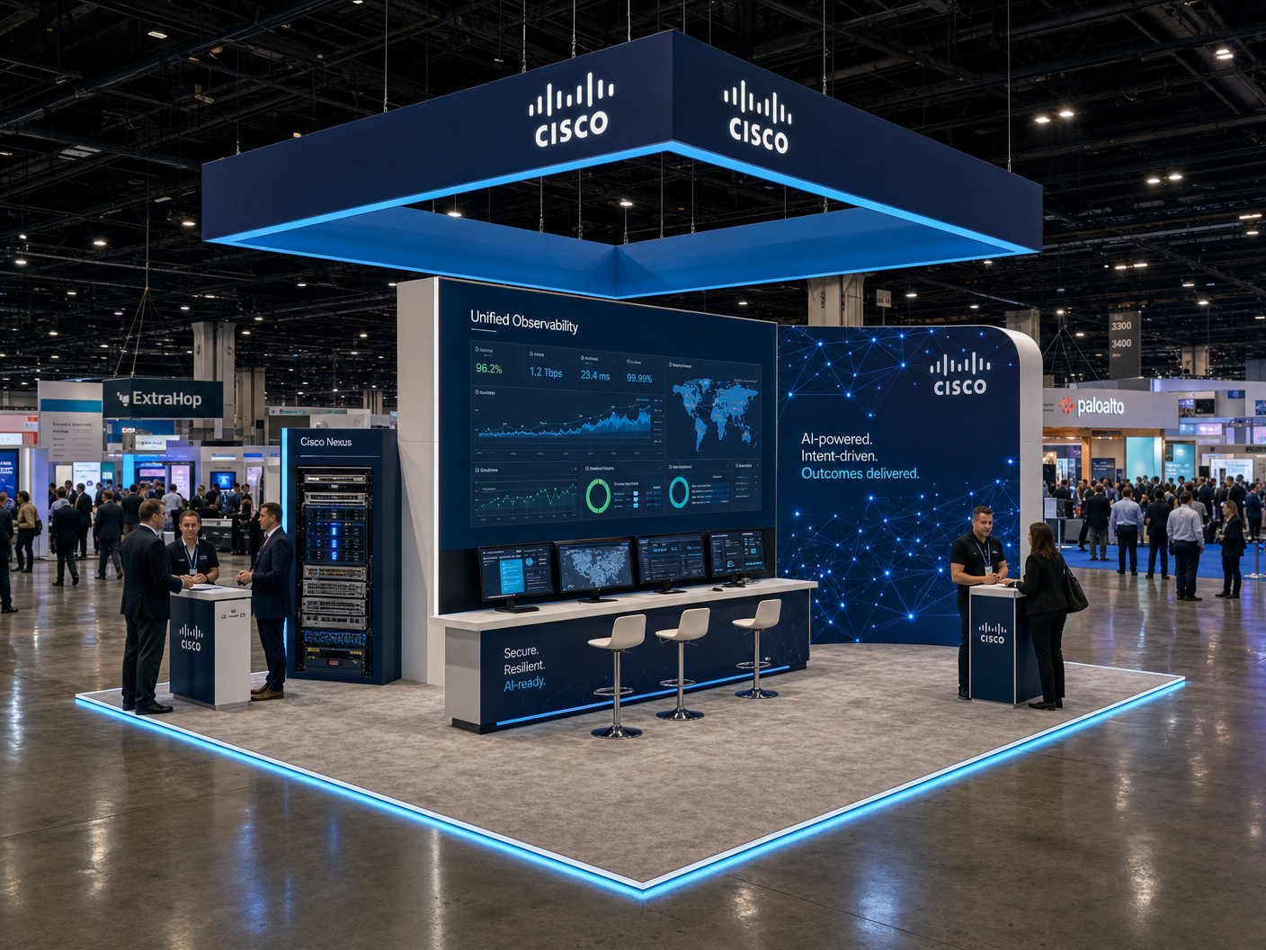 30' x 30' premium LED island concept for a networking-technology exhibitor with an open cloud portal, compact rack display, and network demo bar