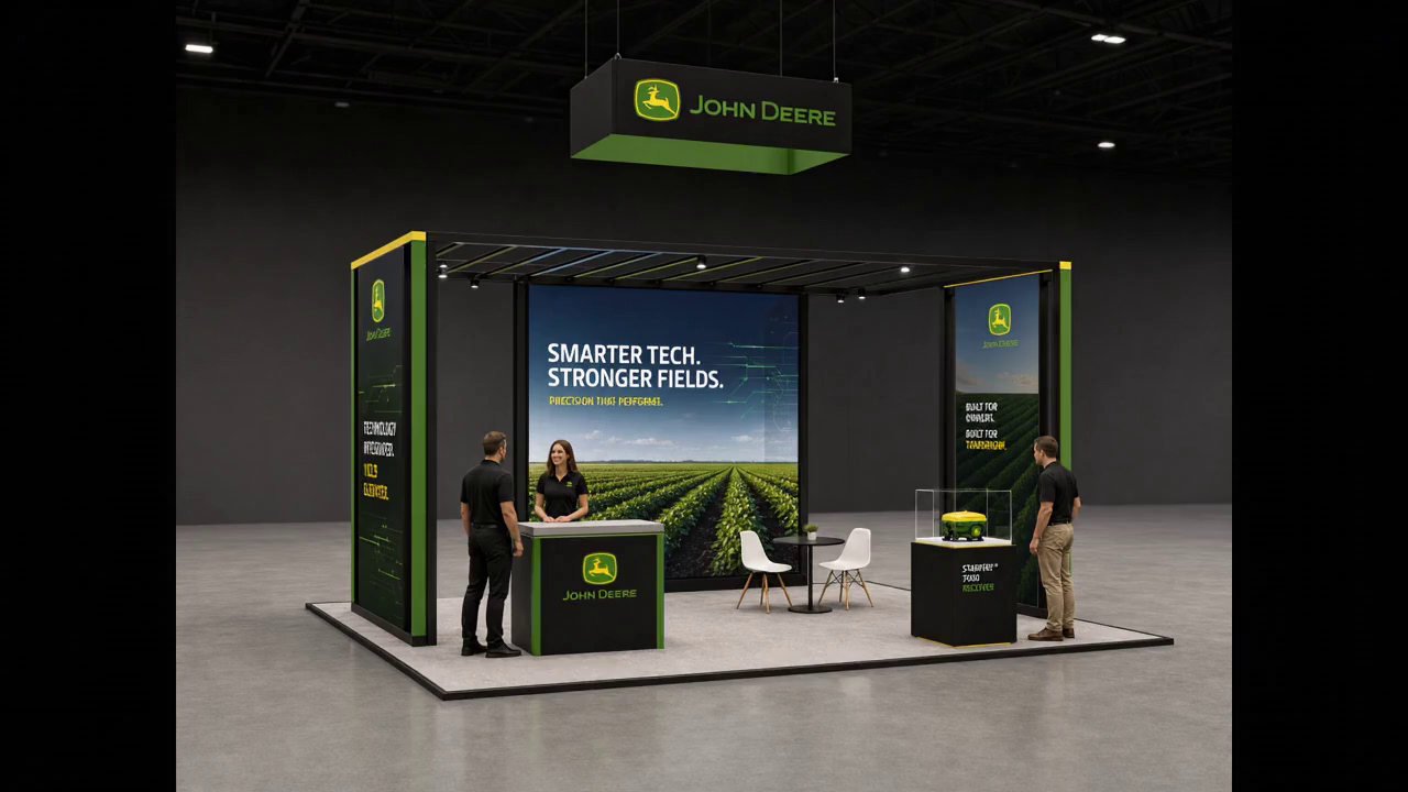 20' x 20' premium LED island concept for Precision-Ag Companies with precision-ag technology bay, a precision console, an implement cutaway, and a contained hover preview inside a true square 20' x 20' four-side-open footprint