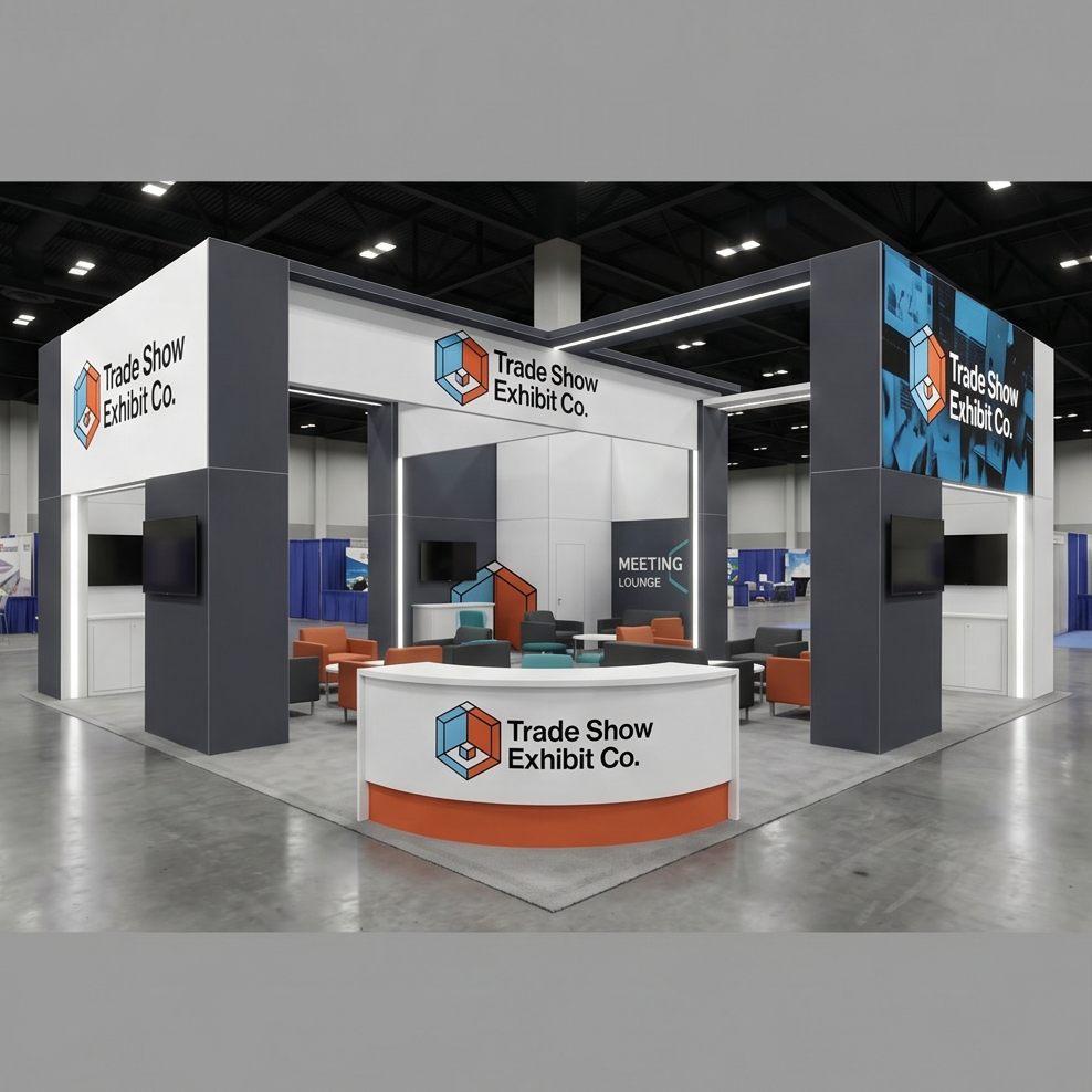 40x40 island exhibit reception-and-demo island design trade show exhibit image 40x40 trade show exhibit rental — reception-and-demo island design
