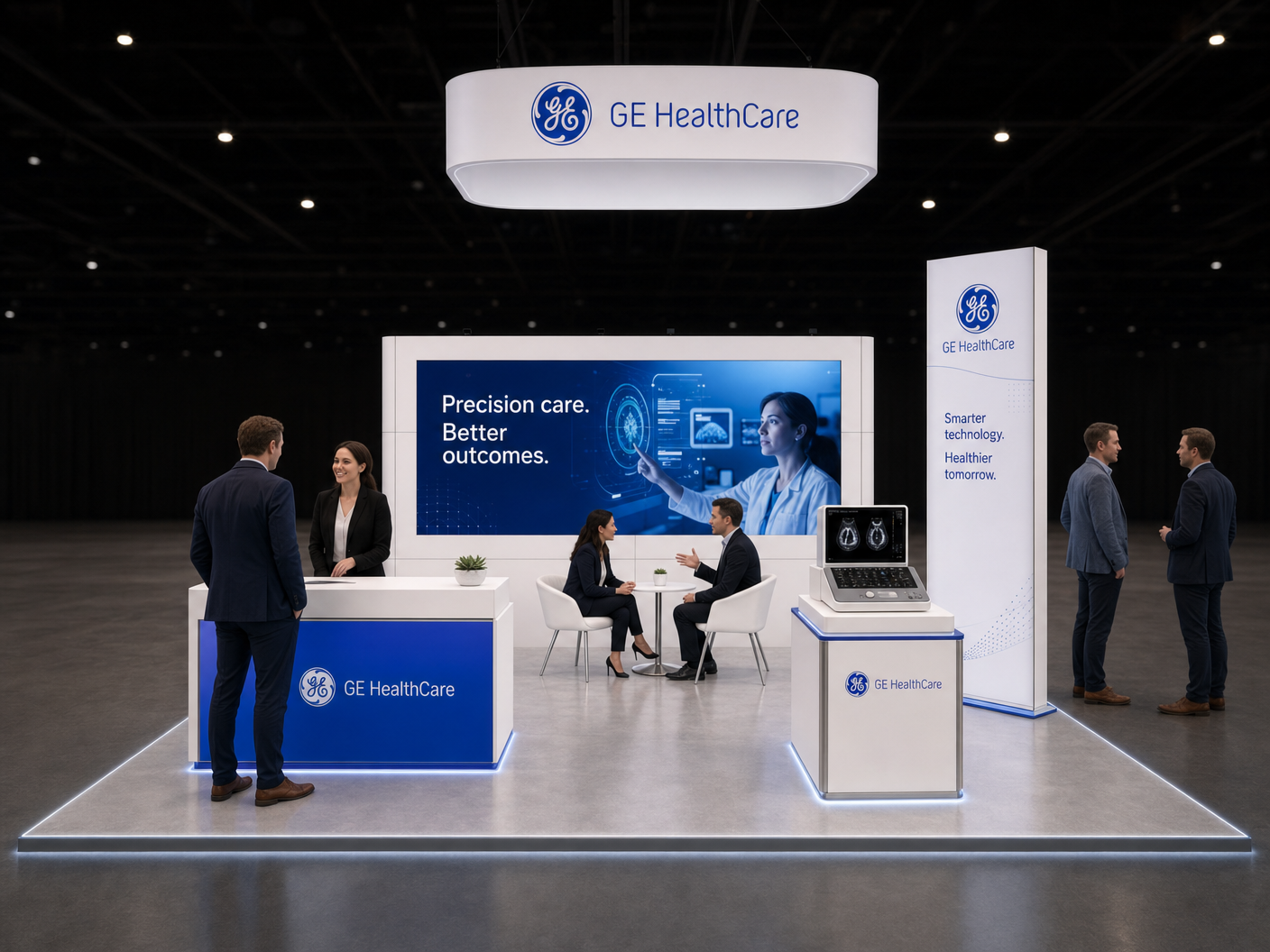 20' x 20' premium LED island concept for a medical-imaging exhibitor with imaging consult island, a scanner-model pedestal and a clinical consult counter, inside a true square 20' x 20' four-side-open footprint and still-image-only poster routing