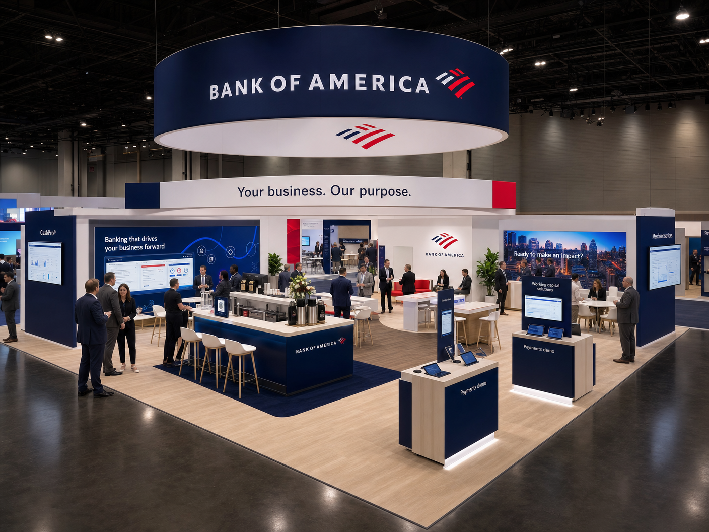 30' x 30' premium LED island concept for a banking-and-finance exhibitor with a financial services forum, hospitality bar, payment demo islands, and consult tables