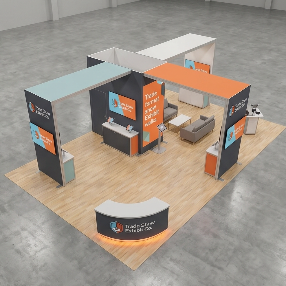 20x40 trade show exhibit rental — reception-and-demo island design