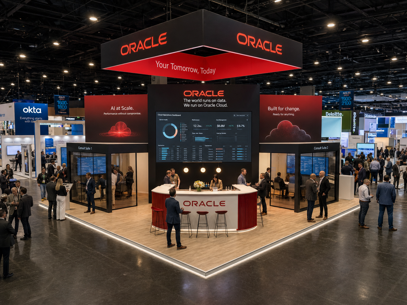 30' x 30' premium LED island concept for an enterprise-software exhibitor with a data-and-cloud pavilion, center intelligence tower, dashboard wall, consult suites, and hospitality bar