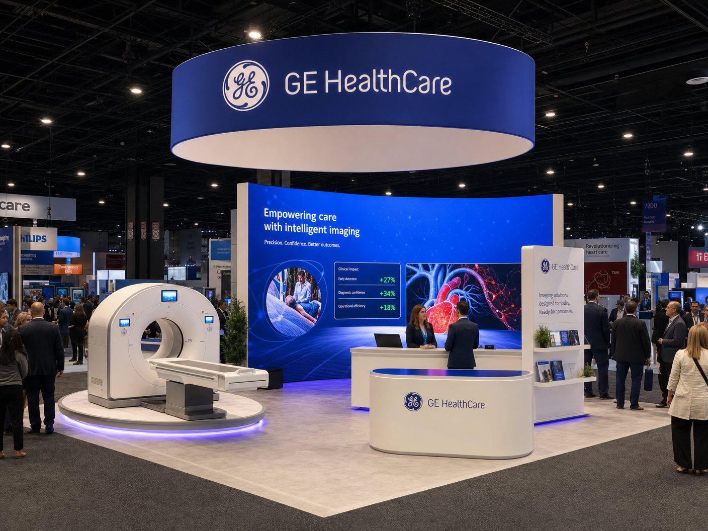 30' x 30' premium LED island concept for a medical-imaging exhibitor with an imaging consult island, a scanner-model pedestal, and a clinical consult counter