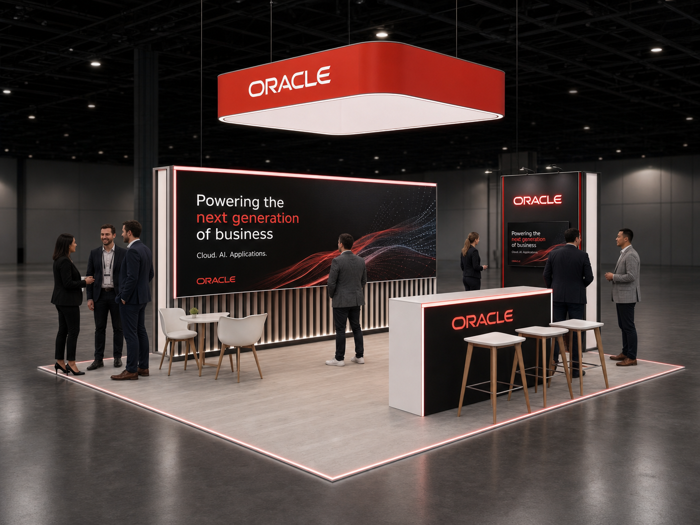 20' x 20' premium LED island concept for an enterprise-software exhibitor with data forum spine, a server-model plinth and a product touchscreen, inside a true square 20' x 20' four-side-open footprint and still-image-only poster routing