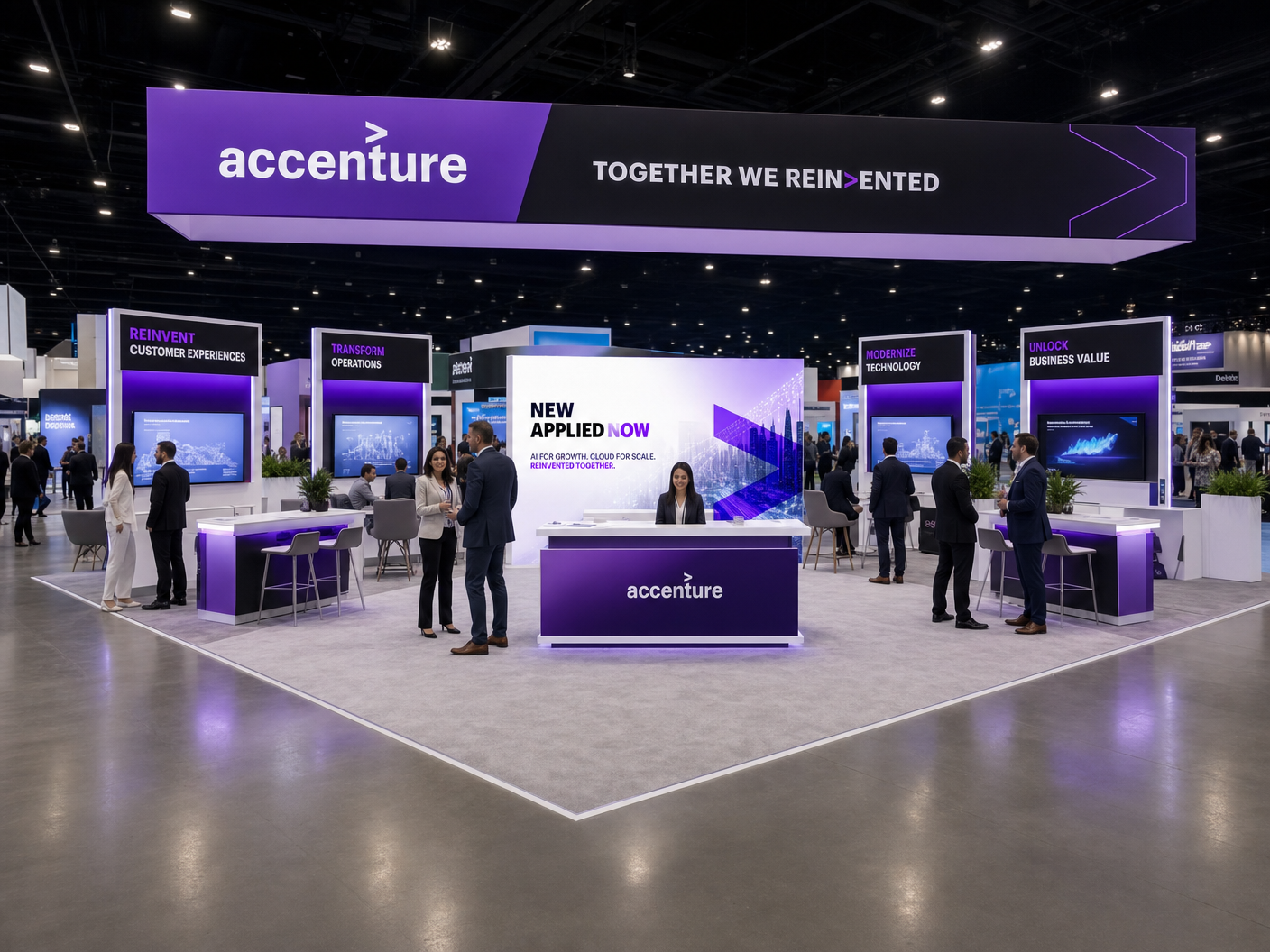 30' x 30' premium LED island concept for a consulting firm with a consulting campus, journey-based demo lanes, solution bars, meeting clusters, and a central host desk