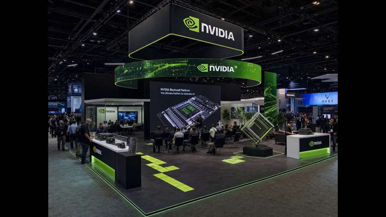 an AI-computing exhibitor 30' x 40' LED island concept with premium brand styling, modular LED architecture, and open circulation